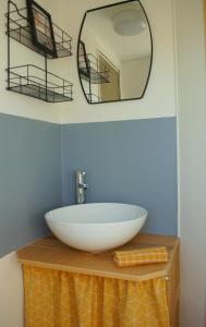 een badkamer met een witte wastafel en een spiegel bij Chalet Wiron aan het Wad. in Westerland