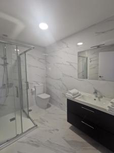 a bathroom with a shower and a sink and a toilet at Seijo in Villalba +32 photos