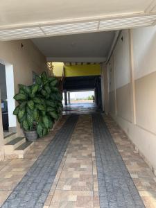 a hallway of a building with a plant at Hotel JK Buenópolis in Buenópolis
