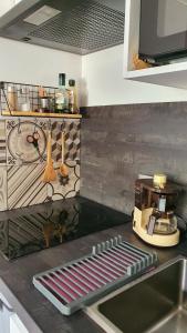 a kitchen counter with a coffee maker and a sink at Studio à la campagne au bout du lac d'Annecy in Doussard