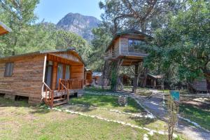 a log cabin in the woods with a yard at Sea Valley Lodge in Faralya
