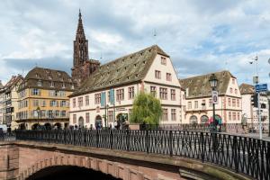 Un puente sobre un río en una ciudad con edificios. en Le Corbeau - Grand Appartement Strasbourg Centre, Calme, en Estrasburgo
