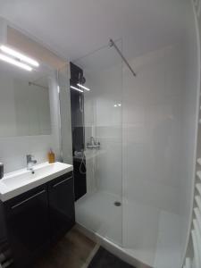 baño blanco con ducha y lavamanos en Appartement Cabine St-Lary-Soulan, Calme, Entièrement Rénové, en Saint-Lary-Soulan