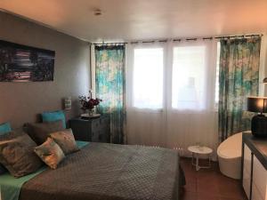 - une chambre avec un lit, une fenêtre et une baignoire dans l'établissement Studio Mojito vue mer,piscine avec cuve eau et accès plage et piscine ANSE DES ROCHERS, à Saint-François 26 autres photos