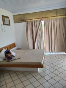 um quarto com uma cama num quarto com uma janela em Casa frente mar com vista incrível! em Vera Cruz de Itaparica