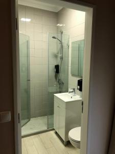 a bathroom with a shower and a toilet and a sink at The Capital Boutique B&B in Peniche