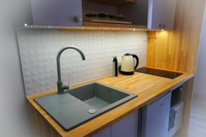 a kitchen with a sink and a counter top at IWONA Pokoje Apartamenty in Karwia +68 photos