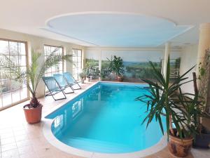 una gran piscina en una casa con plantas en Ein Bett im Kornfeld - Haus Weitblick - mit Innenpool en Schönfeld