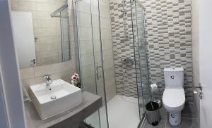 a bathroom with a toilet and a sink and a shower at La Veranda Hotel in Larnaca