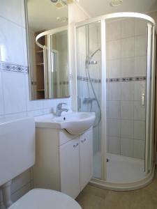 a bathroom with a sink and a shower and a toilet at Chalet 3 in Meliskerke