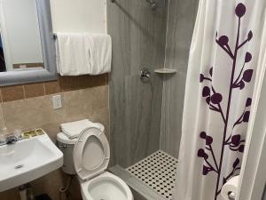 a bathroom with a shower with a toilet and a sink at A Fisher's Inn Motel in Las Vegas