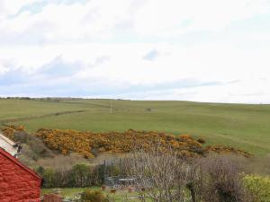 an open field with a red barn in the foreground at The Grain Store in Abersoch
