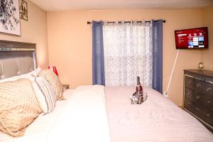 Schlafzimmer mit einem Bett, einem TV und einem Fenster in der Unterkunft Easy Access luxurious kingbed with facilities yet to be opened in Norcross