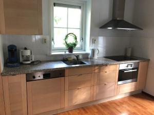 cocina con armarios de madera, fregadero y ventana en Eriksmala villa en Eriksmåla