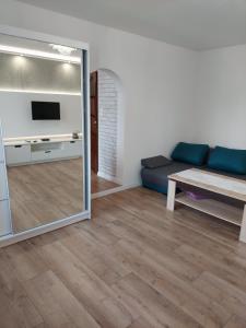 a living room with a couch and a tv and a mirror at Nowoczesny apartament w zacisznym sercu Torunia. in Toruń