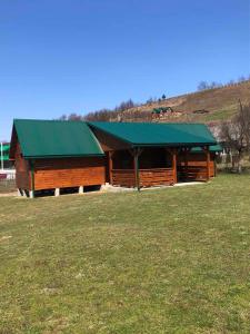 a large wooden barn with a green roof in a field at Садиба під Чертежиком 2 in Kolochava