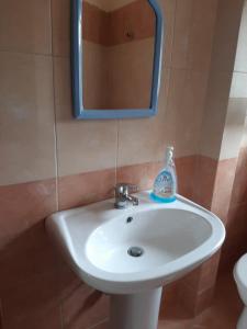 een badkamer met een witte wastafel en een spiegel bij Grazioso Monolocale arredato a due passi dal lungomare vlore in Vlorë