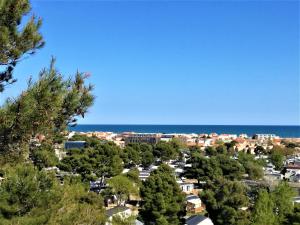 Blick auf eine Stadt mit Bäumen und das Meer in der Unterkunft Bel appt T2 4p confortable avec vue mer imprenable in Narbonne-Plage