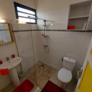 a bathroom with a shower and a toilet and a sink at Résidence TOULOUKAÉRA in Grand-Bourg +7 photos