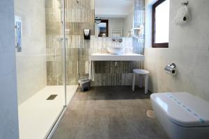 a bathroom with a shower and a sink and a toilet at Posada Araceli in Santillana del Mar