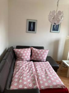 ein Sofa mit rosa Kissen im Wohnzimmer in der Unterkunft Ferienwohnung Tapetenwechsel -Balkon- in Dresden