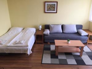 a living room with a couch and a table at Szeki Apartman in Balatonfüred