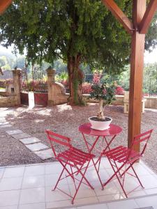 a red table and chairs with a potted plant on it at Chambre Hôte Villa Sainte Barbe in Mirecourt