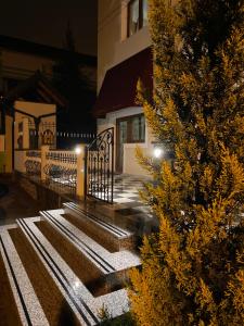 Un árbol de Navidad delante de una casa por la noche en Guesthouse Tershana, en Peshkopi