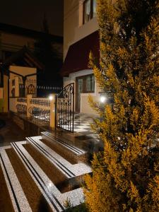 a christmas tree in front of a house at night at Guesthouse Tershana in Peshkopi