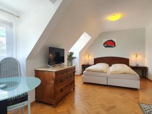 a bedroom with a bed and a table with a tv at Apartment Haus Pflingsteck nahe Europa Park Rulantica in Freiamt +26 photos
