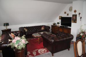 a living room with leather couches and a television at große Ferienwohnung in Heiligenstedten