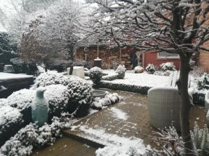 a garden covered in snow in front of a house at Adamas B&B in Dendermonde