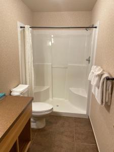 a bathroom with a white shower and a toilet at Elkwater Lake Lodge and Resort in Elkwater