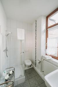 a white bathroom with a shower and a toilet at Fränkischer Gasthof-Hotel zum Koppen in Gemünden