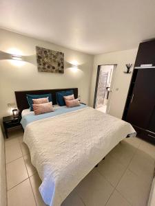 sypialnia z dużym łóżkiem z różowymi i niebieskimi poduszkami w obiekcie Nocturno w La-Roche-en-Ardenne