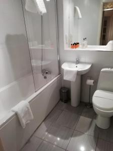 a bathroom with a shower and a toilet and a sink at Wallace Hide Out in Glasgow