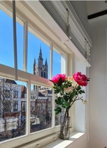 un jarrón con flores rosas sentado en el alféizar de la ventana en Appartement Mes Amis Delft en Delft