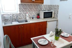 a small kitchen with a sink and a microwave at Orange garden in Karídhion