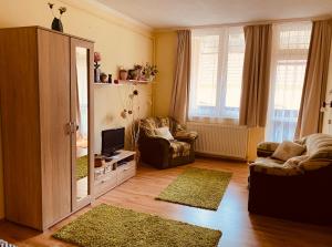 ein Wohnzimmer mit einem TV, einem Stuhl und einem Spiegel in der Unterkunft Victoria Apartman in Eger