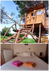 a tree house with a bed and two towels at Cuckoo's nest tree house in Preveza