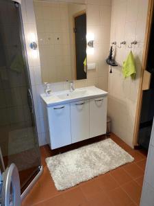 ein Badezimmer mit einem weißen Waschbecken und einer Dusche in der Unterkunft Papli Seaview Apartment in Pärnu