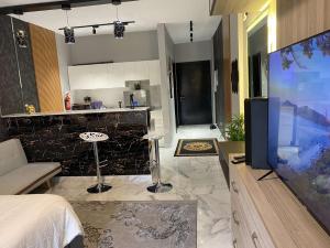 استوديو مقيلا الفندقي في King Abdullah Economic City: مطبخ وغرفة معيشة مع تلفزيون بشاشة كبيرة