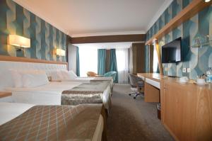 Pokój hotelowy z 2 łóżkami i biurkiem w obiekcie Akol Hotel w mieście Çanakkale