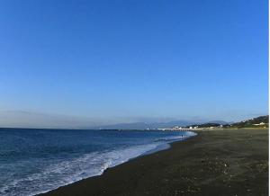 una playa de arena negra y el océano en un día despejado en グレース大磯, en Oiso