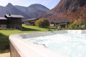 a hot tub with a view of a mountain at Gite Balnéo La Pomme de Pin in Sixt +14 photos