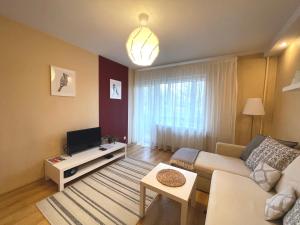 sala de estar con sofá y TV en Cozy Home Apartment Lielvardes, free parking, self check-in en Riga