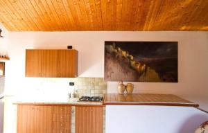 cocina con techo de madera y encimera en One bedroom appartement with sea view shared pool and enclosed garden at Badolato, en Badolato