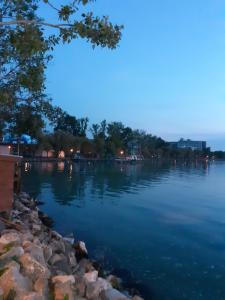 a view of a lake at night with a heart shape at Ezüst Apartman in Siófok