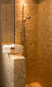 a bathroom with a shower and towels on a counter at Hotel und Landhaus 'Kastanie' in Hamburg