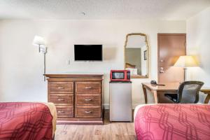 ein Hotelzimmer mit einem Bett, einem Schreibtisch und einem TV in der Unterkunft Econo Lodge Inn & Suites in Macon